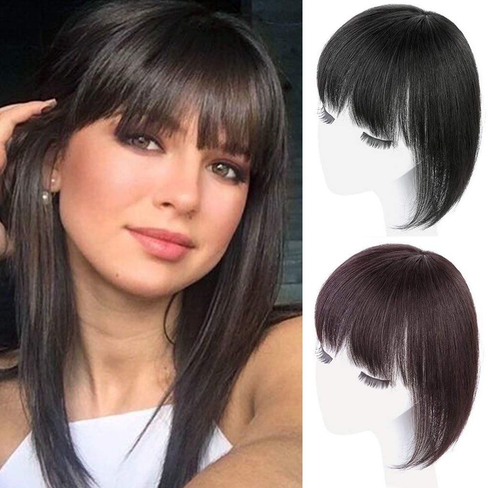100% Real Human Hair Topper with Bangs Silktop Topper Hair Piece Clip in Hair Toppers Straight Middle Part Top Hairpiece for Women with Hair Loss Thinning Hair,12" Natural Black