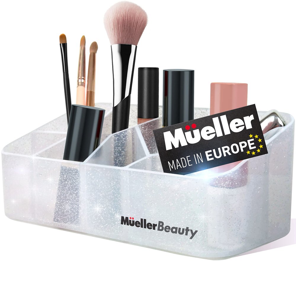 Mueller Beauty Makeup Organizer for Vanity Countertop, Cosmetic and Jewellery Storage Organizer, Stylish Divided Beauty Display Case, Bathroom or Dresser, White