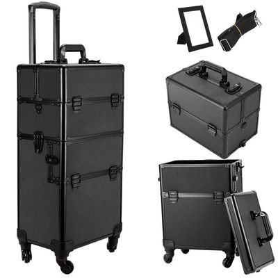 3 in 1 Rolling Makeup Train Case, Portable Multifunction Professional Large Aluminum Trolley Cosmetic Jewelry Organizer Box With Wheels/Mirror/Shoulder Strap/Locks (Black)