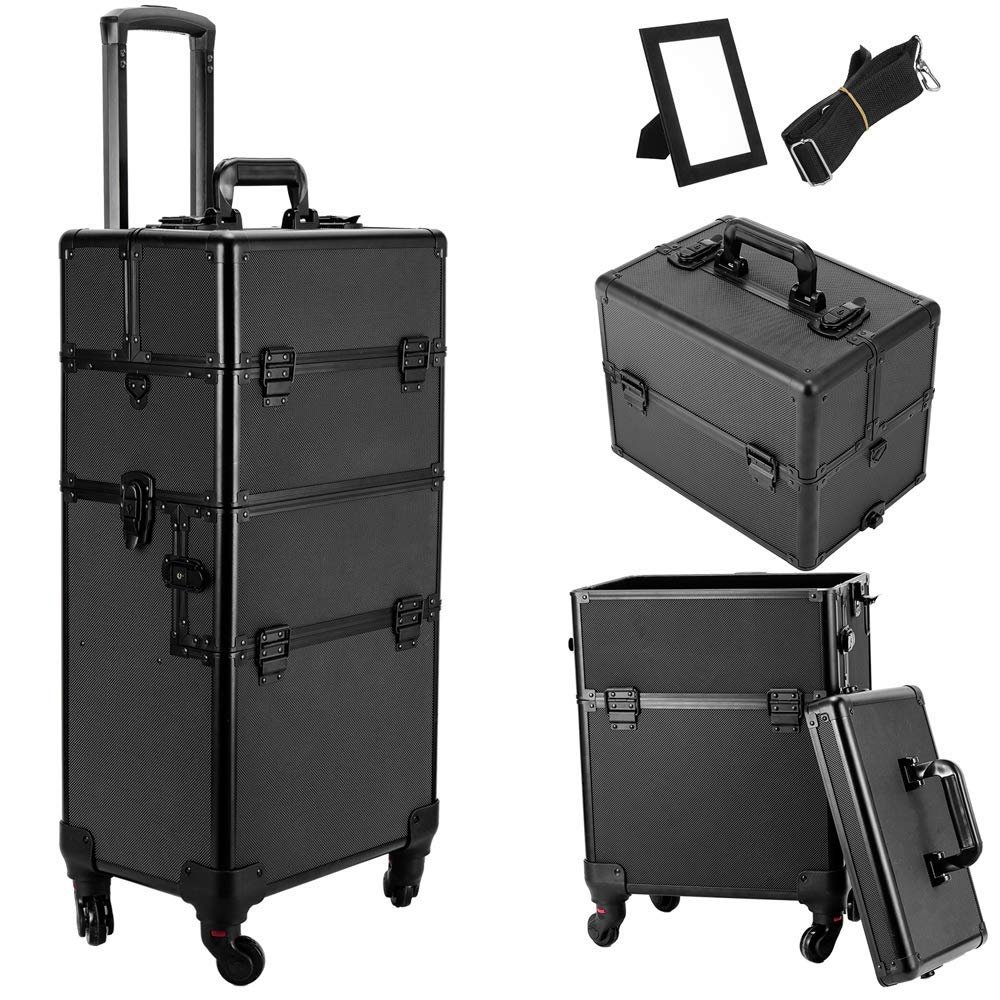 3 in 1 Rolling Makeup Train Case, Portable Multifunction Professional Large Aluminum Trolley Cosmetic Jewelry Organizer Box With Wheels/Mirror/Shoulder Strap/Locks (Black)