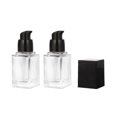 2 Pcs 15ml 0.5oz Square Glass Pump Bottles Refillable Clear Cosmetic Containers with Black Caps for Lotion Serum Foundation Makeup Travel Storage