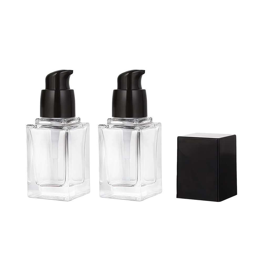 2 Pcs 15ml 0.5oz Square Glass Pump Bottles Refillable Clear Cosmetic Containers with Black Caps for Lotion Serum Foundation Makeup Travel Storage
