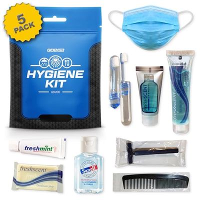 Go2Kits Ultimate Travel Toiletry & PPE Kit, Hygiene Kit with Shaving Supplies & PPE for Travel, Business & Charity with Reusable Toothbrush, Bath Soap & Other Essential Toiletries, 5-Pack (GO200)