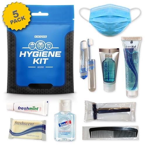 Go2Kits Ultimate Travel Toiletry & PPE Kit, Hygiene Kit with Shaving Supplies & PPE for Travel, Business & Charity with Reusable Toothbrush, Bath Soap & Other Essential Toiletries, 5-Pack (GO200)