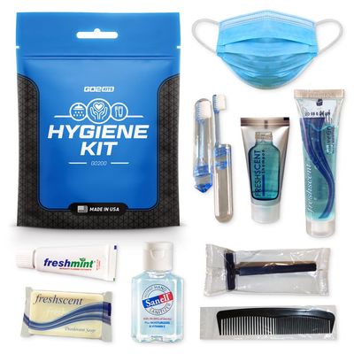 Go2Kits Ultimate Travel Toiletry & PPE Kits, Hygiene Kit with Shaving Supplies & PPE for Travel, Business & Charity with Reusable Toothbrush, Bath Soap & Other Essential Toiletries, 1-Pack (GO200)