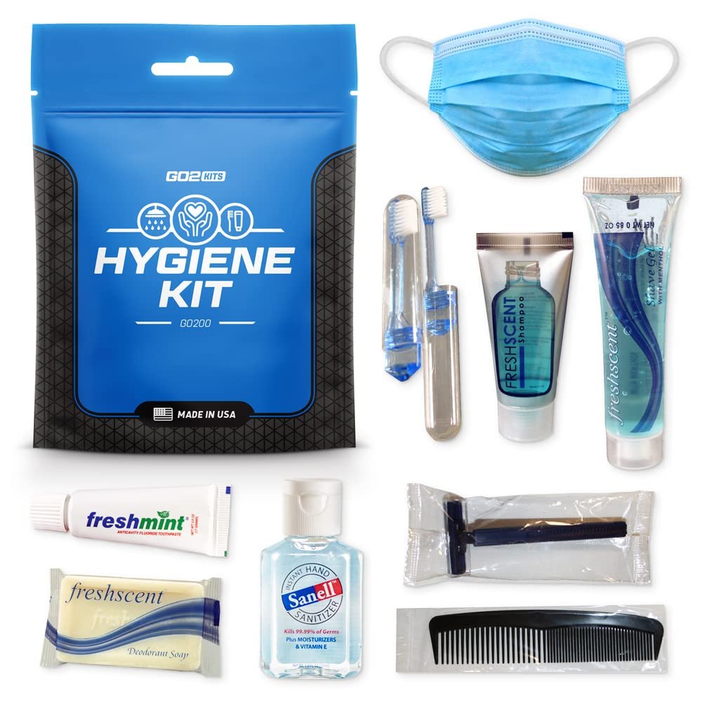 Go2Kits Ultimate Travel Toiletry & PPE Kits, Hygiene Kit with Shaving Supplies & PPE for Travel, Business & Charity with Reusable Toothbrush, Bath Soap & Other Essential Toiletries, 1-Pack (GO200)
