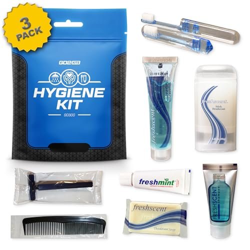 Go2Kits Travel Toiletry Kit, Hygiene Kit with Shaving Supplies for Travel, Business & Charity with Reusable Toothbrush, Bath Soap & Other Essential Toiletries, 3-Pack (GO300)