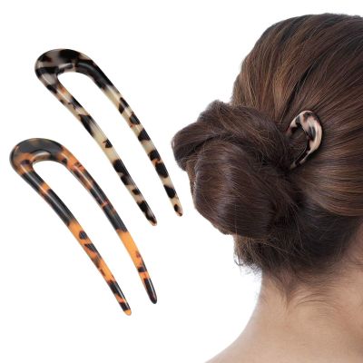 2 Pack Benefree French Style Cellulose Acetate Tortoise Shell U Shaped 4.7 inch Hair Pins Fork 2 Prong Updo Chignon Pin for Women Girls Hairstyle AccessoriesTortoiseshell and White Tortoiseshell)