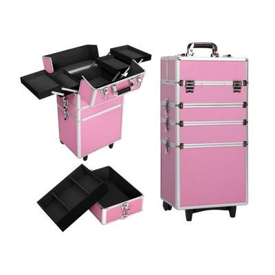 Aluminum Rolling Makeup Train Case, 4 in 1 Lockable Makeup Case Trolley Cosmetic Organizer, Multifunction Travel Storage Case, With 2 Wheels, Locks - Pink