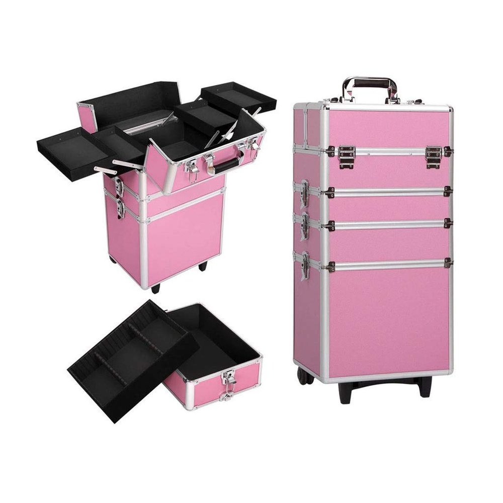 Aluminum Rolling Makeup Train Case, 4 in 1 Lockable Makeup Case Trolley Cosmetic Organizer, Multifunction Travel Storage Case, With 2 Wheels, Locks - Pink