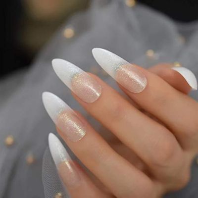 EDA LUXURY BEAUTY NUDE WHITE OMBRE FRENCH GLAMOROUS DESIGN Full Cover Press On Gel Glitter Artificial Tips Acrylic Extreme False Nails Extra Long Round Pointed Almond Stiletto Super Fashion Fake Nails