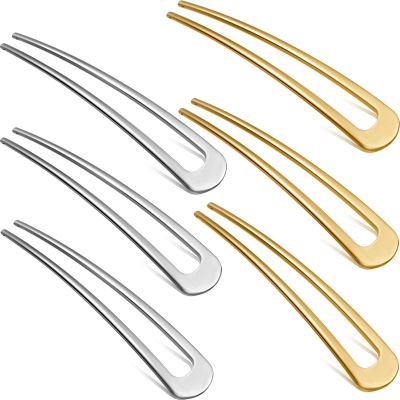 WILLBOND 6 Pcs French Hair Pins for Women French Twist Hairpins 4 Inch Metal Hair Forks U Shaped Long Chignon 2 Prong Sticks Hairpin for Lady Hairstyle Accessories(Gold, Silver)