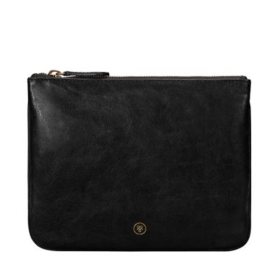 Maxwell Scott - Womens Luxury Designer Leather Flat Makeup Bag Purse - Handmade in Italy - The Zeta Black