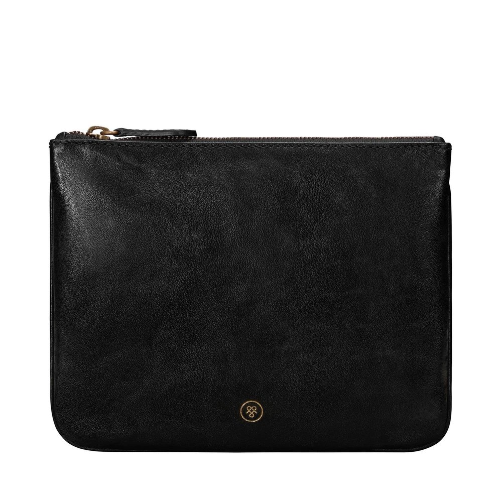 Maxwell Scott - Womens Luxury Designer Leather Flat Makeup Bag Purse - Handmade in Italy - The Zeta Black