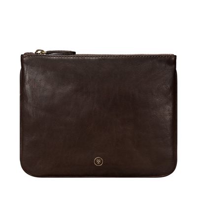 Maxwell Scott - Womens Luxury Designer Leather Flat Makeup Bag Purse - Handmade in Italy - The Zeta Dark Brown