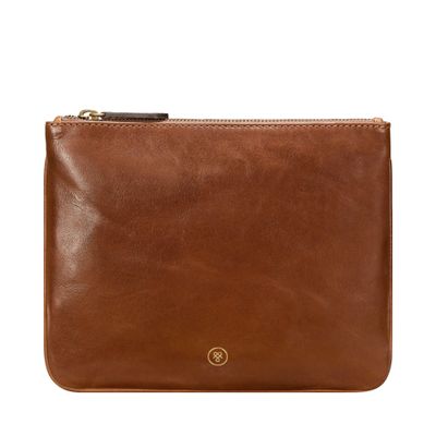 Maxwell Scott - Womens Luxury Designer Leather Flat Makeup Bag Purse - Handmade in Italy - The Zeta Chestnut Tan