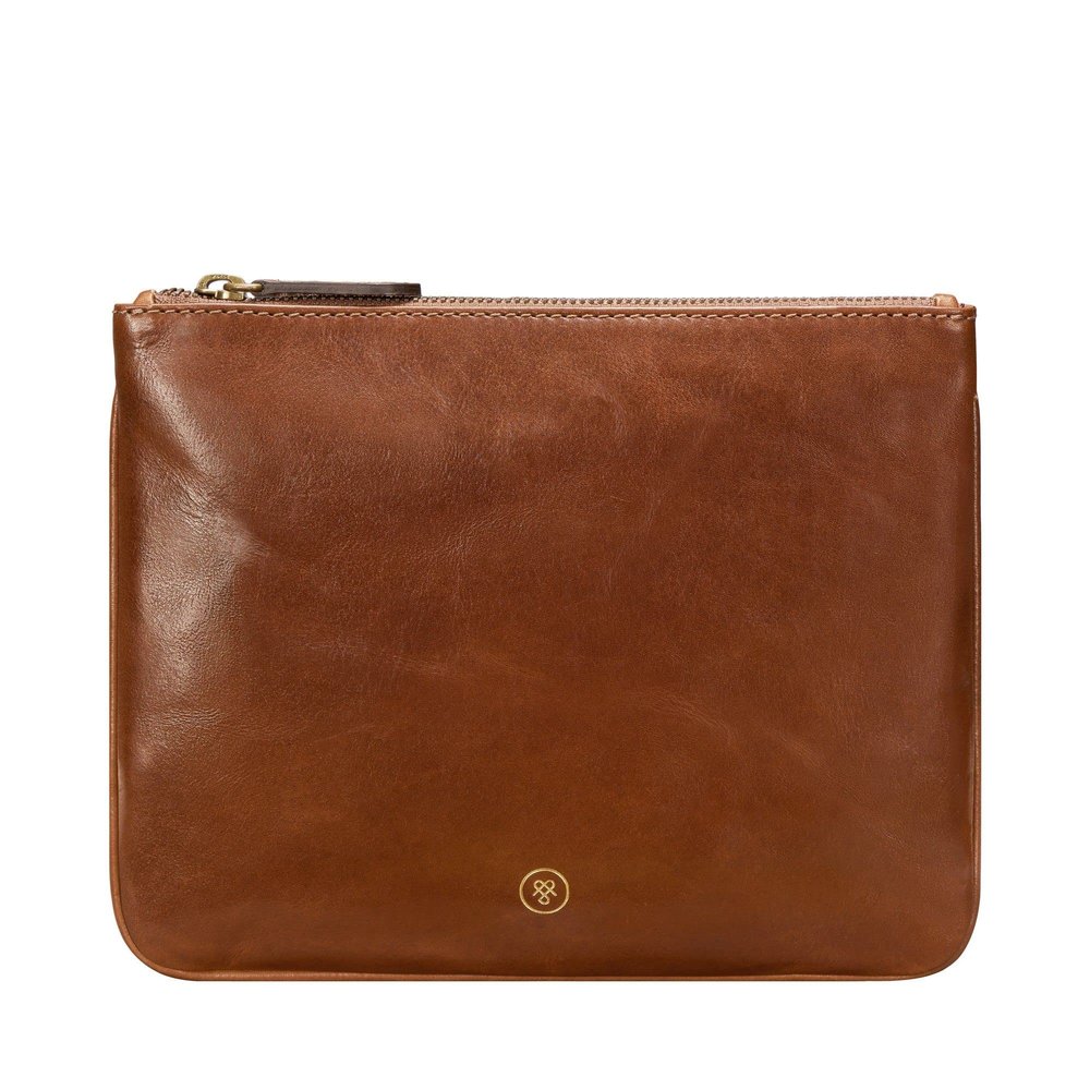 Maxwell Scott - Womens Luxury Designer Leather Flat Makeup Bag Purse - Handmade in Italy - The Zeta Chestnut Tan