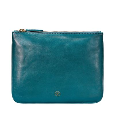 Maxwell Scott - Womens Luxury Designer Leather Flat Makeup Bag Purse - Handmade in Italy - The Zeta Petrol Blue