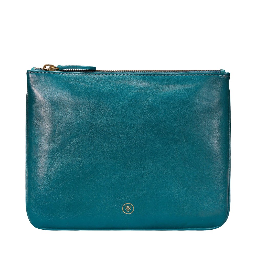 Maxwell Scott - Womens Luxury Designer Leather Flat Makeup Bag Purse - Handmade in Italy - The Zeta Petrol Blue