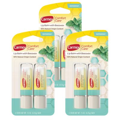 Carmex Comfort Care Lip Balm Sticks with Beeswax, Peppermint Lip Balm Flavor, 6 Count (3 Packs of 2)