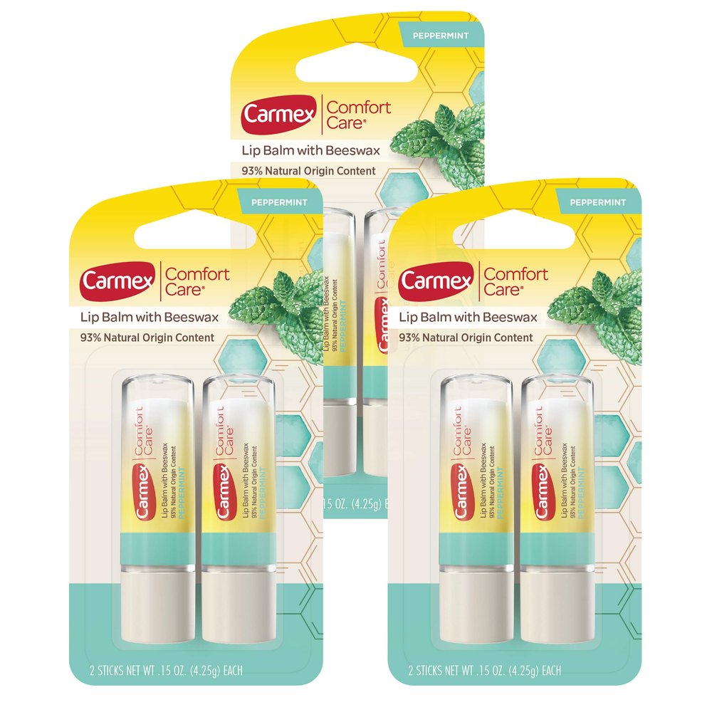Carmex Comfort Care Lip Balm Sticks with Beeswax, Peppermint Lip Balm Flavor, 6 Count (3 Packs of 2)