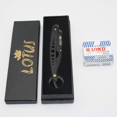 Lotus Black Stainless Steel Straight Edge Barber Razor Shavette + 100 counts Lord Platinum Single Edge Razor Blades