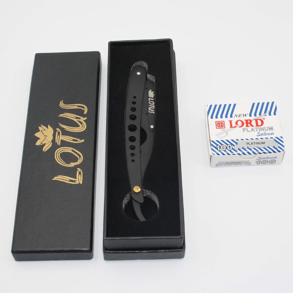 Lotus Black Stainless Steel Straight Edge Barber Razor Shavette + 100 counts Lord Platinum Single Edge Razor Blades