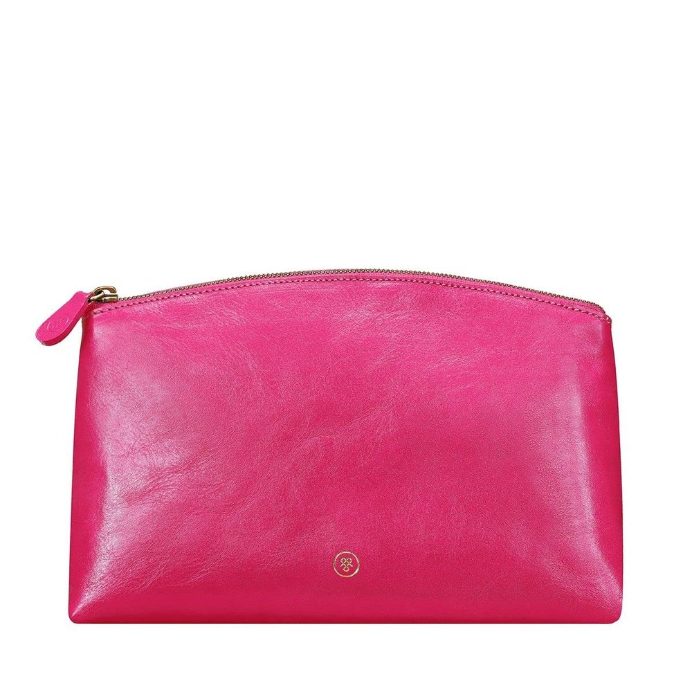 Maxwell Scott - Personalized Womens Luxury Leather Large Makeup Cosmetic Bag - The Chia Large Nappa - Hot Pink