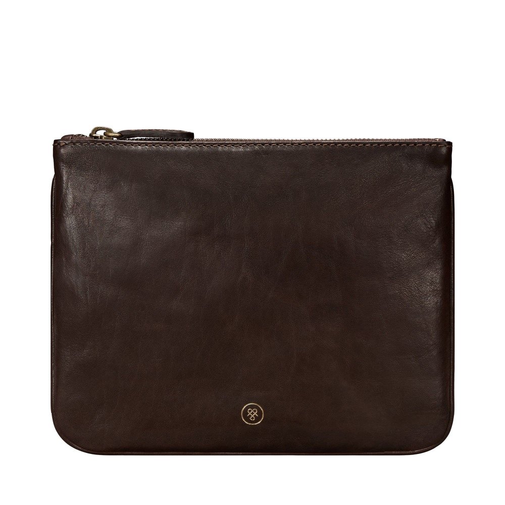 Maxwell Scott - Personalized Womens Luxury Designer Leather Flat Makeup Bag Purse - The Zeta - Dark Brown