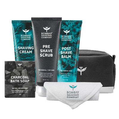 Bombay Shaving Company Premium Grooming and Shaving Kit Gift Hamper for Men Pre Shave Scrub, Shaving Cream, Post Shave Balm, Charcoal Soap, Towel, Shaving Kit Bag 6 Count (Pack of 1) Multicolour