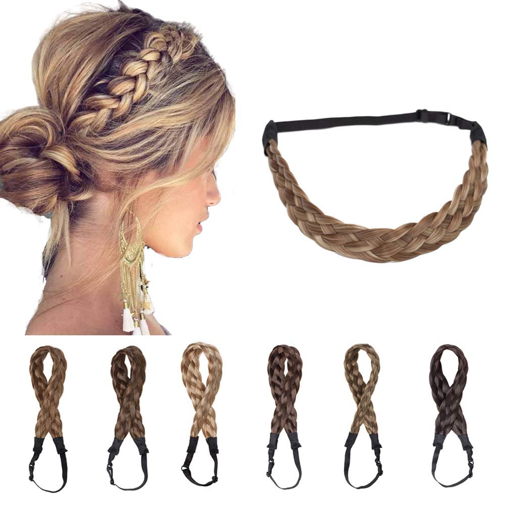 Braided Hair Headband - Wide Elastic Stretch Plaited Chunky Synthetic Hairpiece for Trendy Girls and Women (Medium-five strands, 9/24)