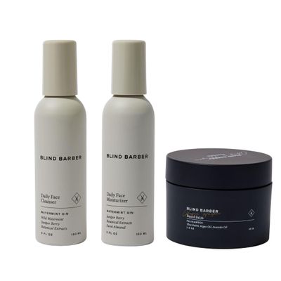 Blind Barber Face & Beard Care Kit - 3-Piece Set Includes Daily Face Cleanser, 2-in-1 Daily Moisturizer & Aftershave, and Beard Balm - Full-Size Skincare & Beard Styling Products for Guys