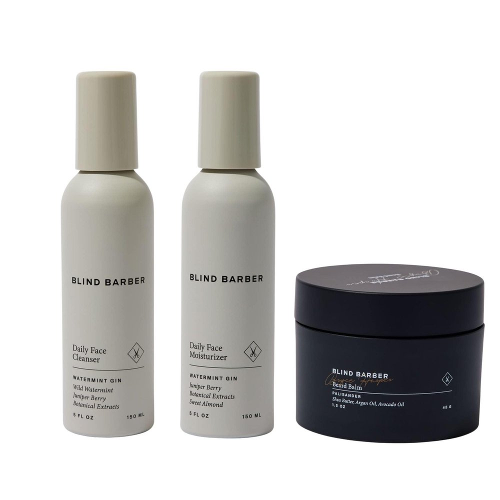 Blind Barber Face & Beard Care Kit - 3-Piece Set Includes Daily Face Cleanser, 2-in-1 Daily Moisturizer & Aftershave, and Beard Balm - Full-Size Skincare & Beard Styling Products for Guys
