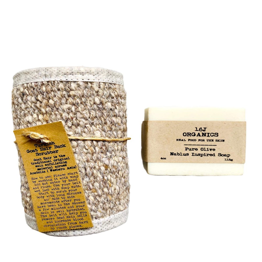 16J Organics - Turkish Goat Hair Back Scrubber & Ottoman Empire Artisanal Pure Olive Soap
