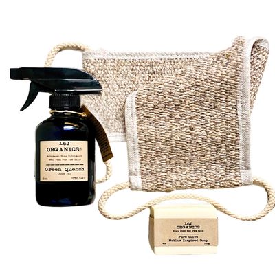 16J Organics - Turkish Bath Spa Set- Organic 100% Natural Green Quench - Body Oil 8oz, Plus Goat Hair Back Scrubber and Artisanal Pure Olive Soap