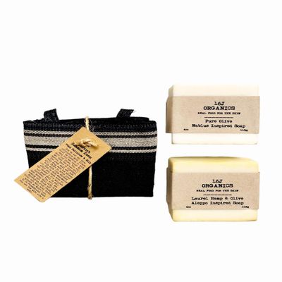 16J Organics - Handmade- Turkish Hammam Spa Bath - Extra Thick Kese Body Scrub Mitt & Artisanal Olive & Laurel Berry Soaps