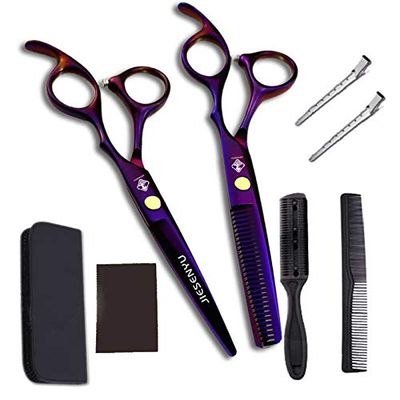 JIESENYU 6 inch personality handle diamond fashion generous hairdressing scissors professional hair stylist special cut bangs cut thin scissors set tool Electroplating purple (Set1)