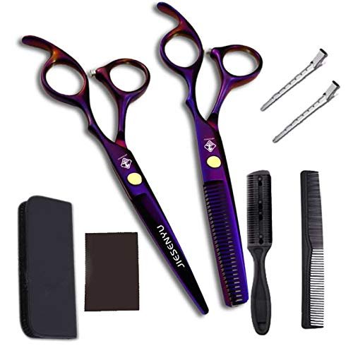 JIESENYU 6 inch personality handle diamond fashion generous hairdressing scissors professional hair stylist special cut bangs cut thin scissors set tool Electroplating purple (Set1)
