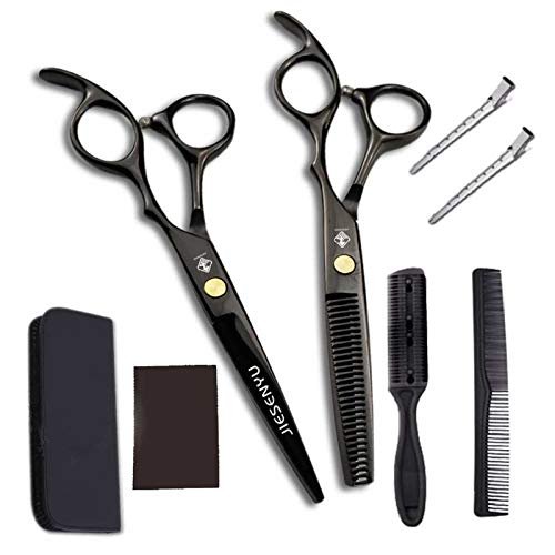 JIESENYU 6 inch personality handle diamond fashion generous hairdressing scissors professional hair stylist special cut bangs cut thin scissors set tool Plating black (Set1)