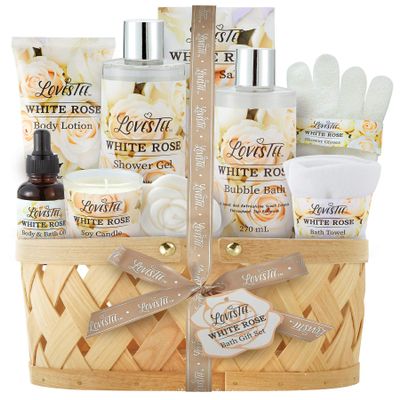 Christmas Gifts Bath & Body Spa Gift Basket for Women, Best Gift for Mother's Day & Birthday, White Rose Set Body Lotion, Shower Gel, Bubble Bath, Bath Salt, Towel, Soap, Oil, Candle, Gloves,