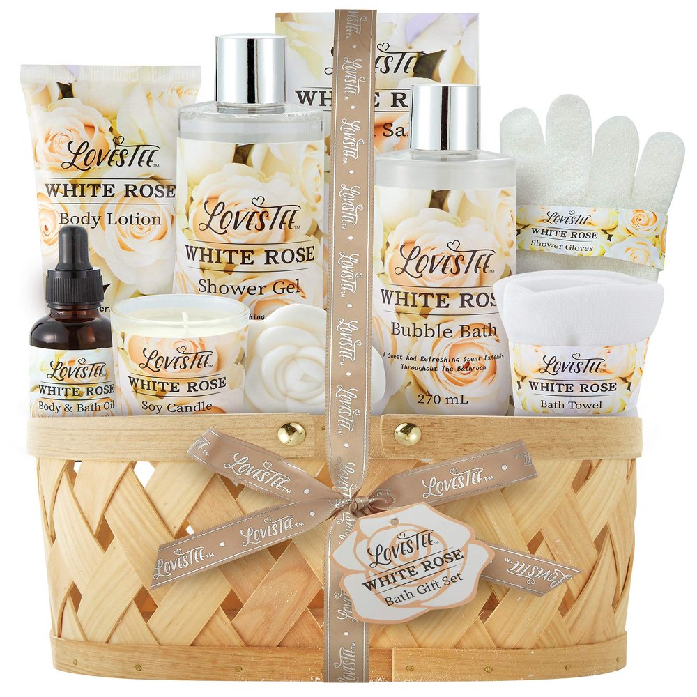 Christmas Gifts Bath & Body Spa Gift Basket for Women, Best Gift for Mother's Day & Birthday, White Rose Set Body Lotion, Shower Gel, Bubble Bath, Bath Salt, Towel, Soap, Oil, Candle, Gloves,