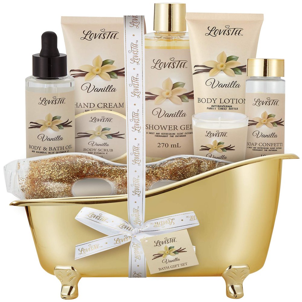 Christmas Gifts, Spa Basket for Women, Vanilla Bath & Body Set, Christmas & Birthday Gift, Includes Shower Gel, Body Lotion, Hand Cream, Body Scrub, Message Oil, Candle, Eye Mask, Confetti