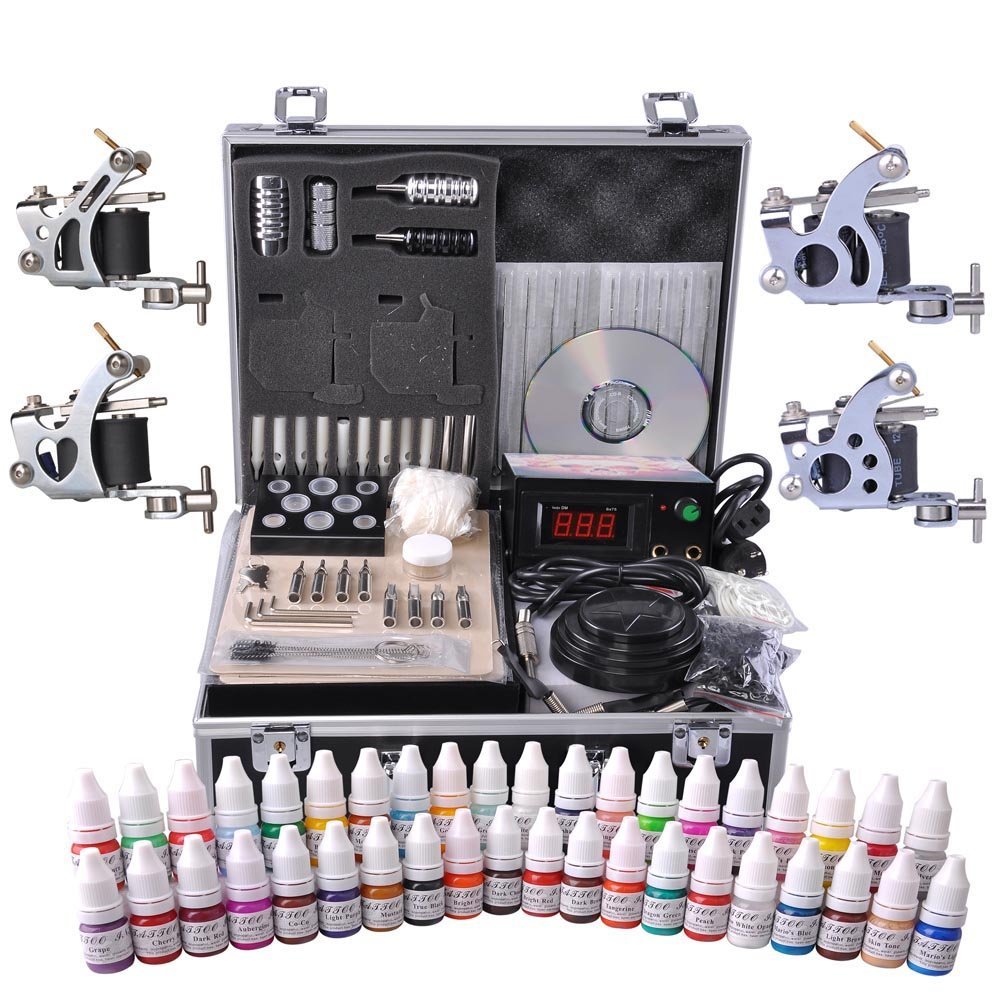 Complete Tattoo Kits with 4 Machine Guns, 2 Practice Skins, a Power Supply with LCD Display, 4 Tattoo Grips & a Portable Carrying Case for Tattoo Artists, Starters, Apprentice or Any Tattoo Lovers
