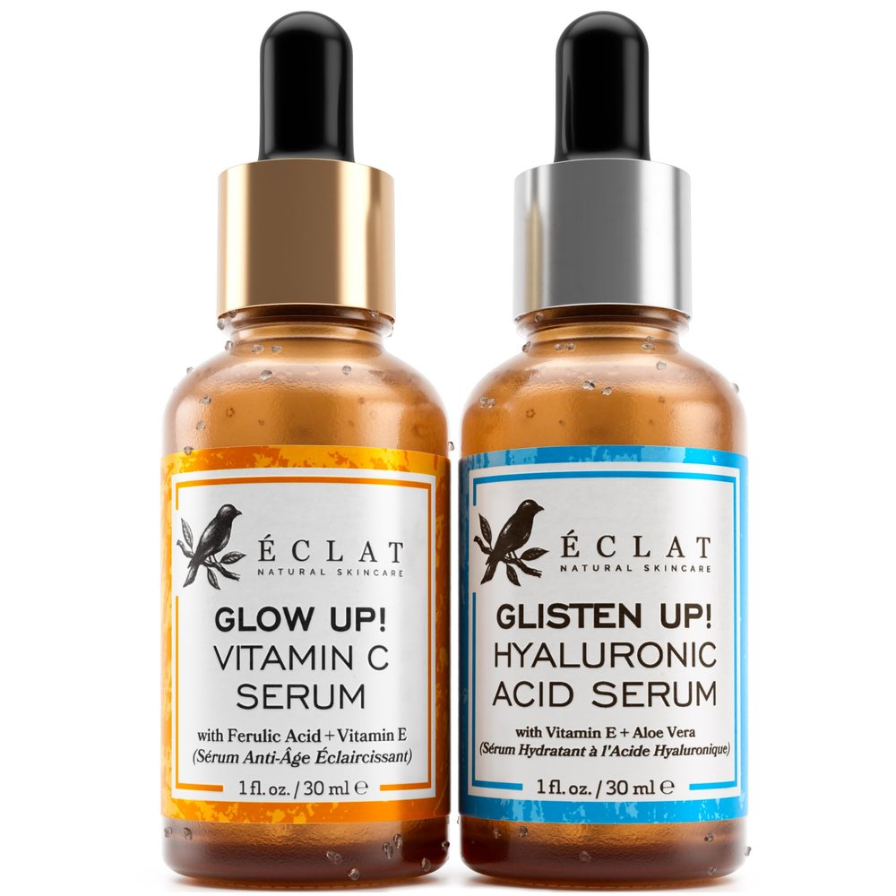 Eclat Skincare Vitamin C Serum + Hyaluronic Acid Serum Duo  Vit C with Ferulic Acid & Vit E + 2.5% Hyaluronic Acid & B5  Brightening, Plumping & Smoothing Skin Care Set 1 fl oz each