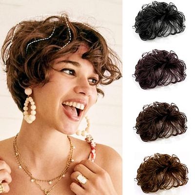 AiUree Short Curly Toupee Clip in 100% Real Human Hair Curly Topper Fluffy Hair Piece Top Hairpieces Topper with Bangs Wavy Topper Hair Piece for Women 6" Dark Brown Color