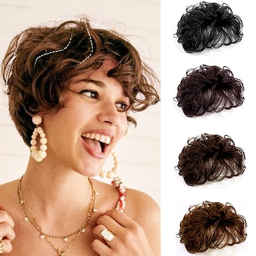 AiUree Short Curly Toupee Clip in 100% Real Human Hair Curly Topper Fluffy Hair Piece Top Hairpieces Topper with Bangs Wavy Topper Hair Piece for Women 6" Dark Brown Color