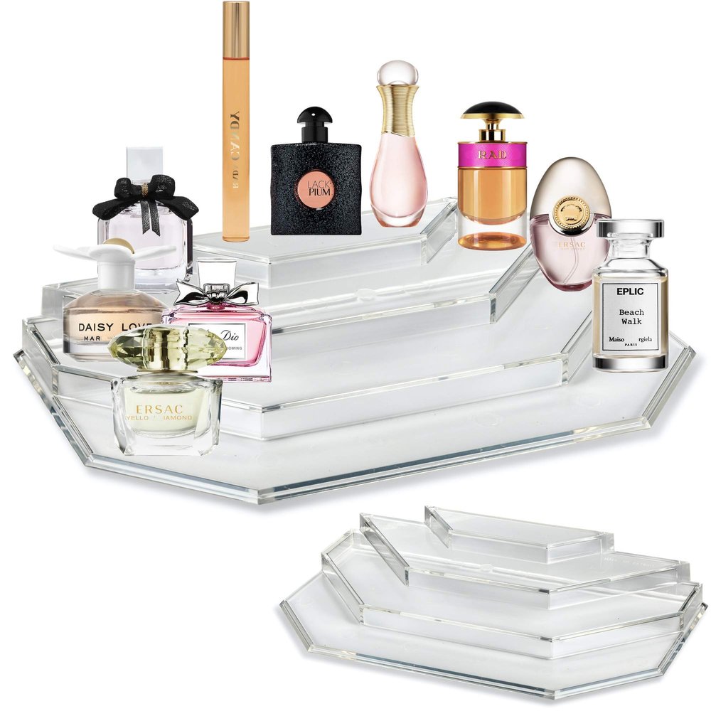 Acrylic Mini Perfume Organizer & Mini Scented Oils Organizer Vanity Display Case 4 Tier Storage Travel Size Rollerball Beauty Perfume Bottles Refillable Tray (2)