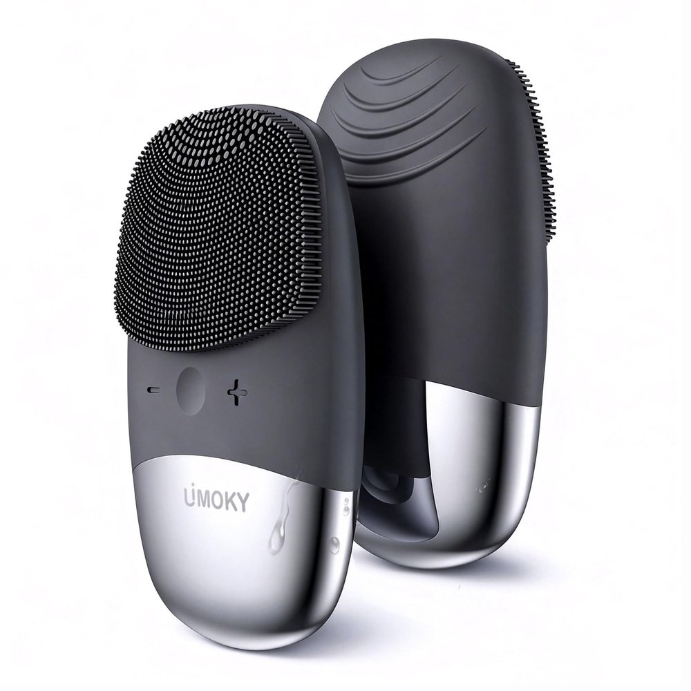 Facial Cleansing Brush, 3-in-1 Electric Silicone Face Scrubber, Vibrating Massager, IPX7 Waterproof, USB Rechargeble Pore Brush for Deep Cleanning, Blackhead Remover, Exfoliating (Gray)