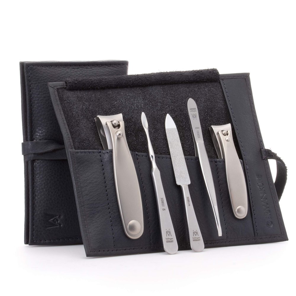 GERMANIKURE 5pc Manicure Set in Black Leather Case - Made in Solingen Germany, FINOX Stainless Steel Tools Professional Quality Compact Nail Grooming Kit