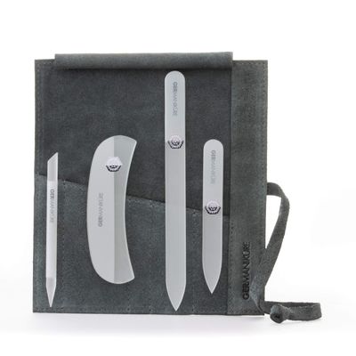 GERMANIKURE Gray Crystal Glass Nail File Set in Light Gray Suede Case Handmade in Czech Republic Professional Manicure & Pedicure Supplies Glass Cuticle Stick, Pusher, Moon File